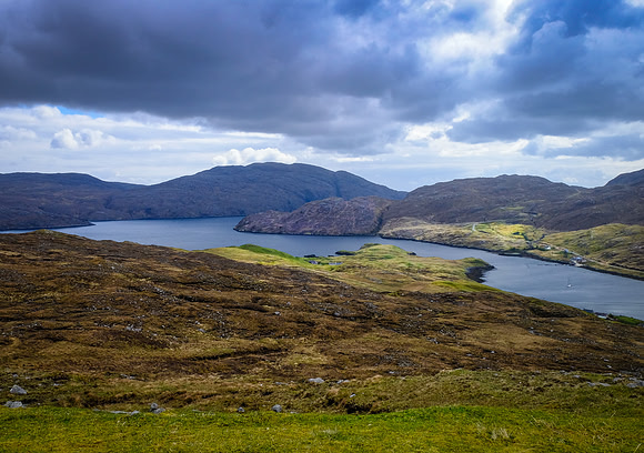 Looking down to Maraig and Loch Seaforth, from the A859 en route to Tarbert, Harris.